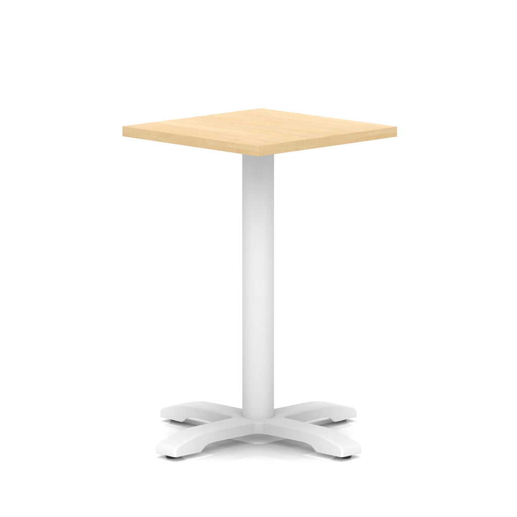 Square table with wood-effect top and white metal base on a white background