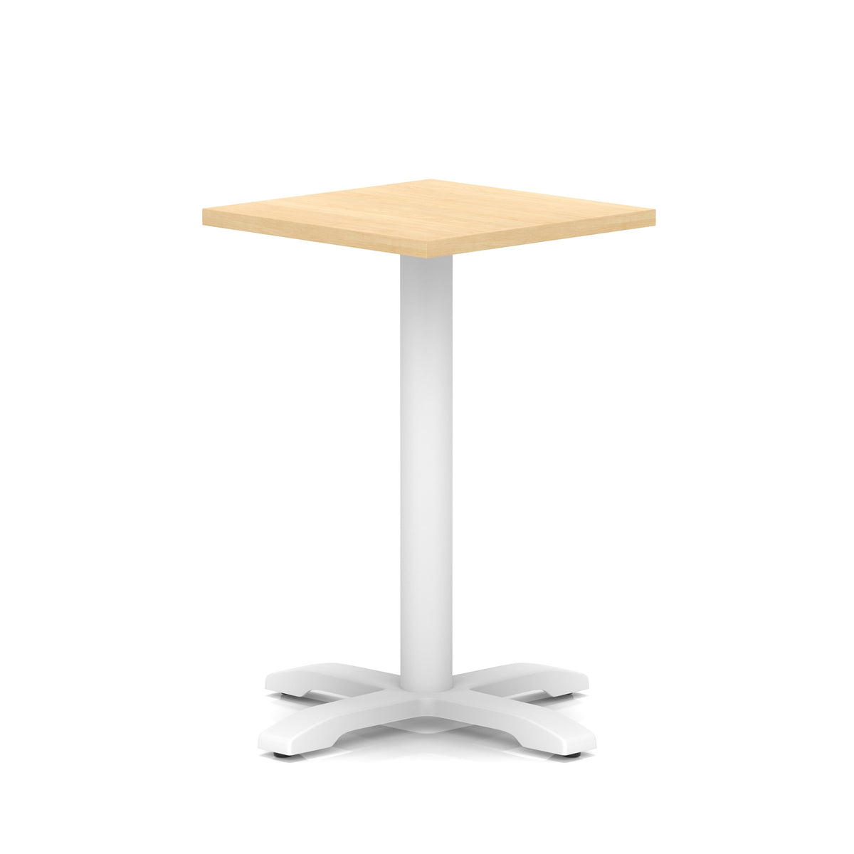 Square table with wood-effect top and white metal base on a white background