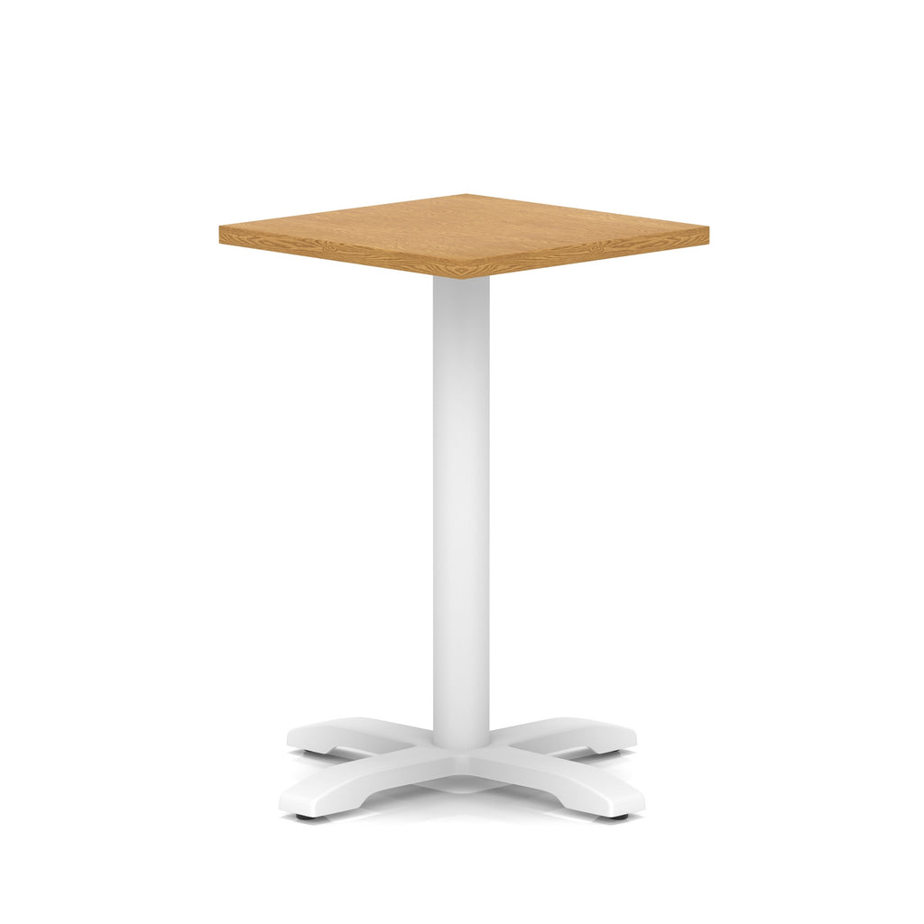 Square table with wood-effect top and white metal base on a white background