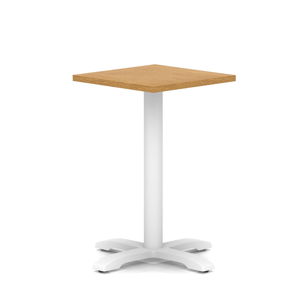 Square table with wood-effect top and white metal base on a white background