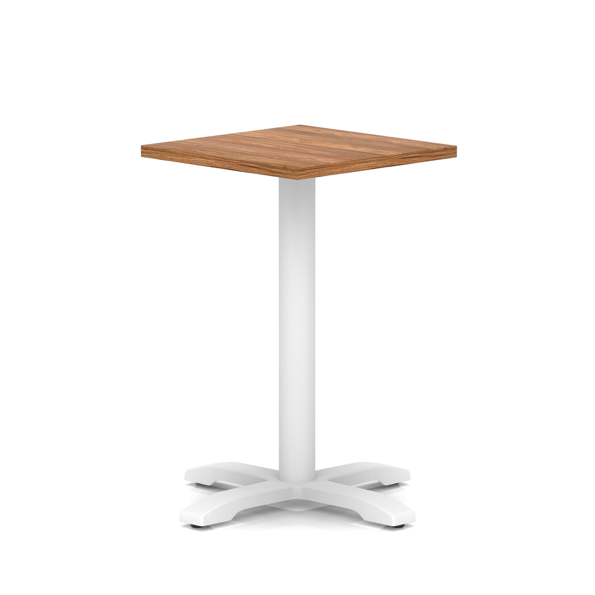 Square table with wood-effect top and white metal base on a white background