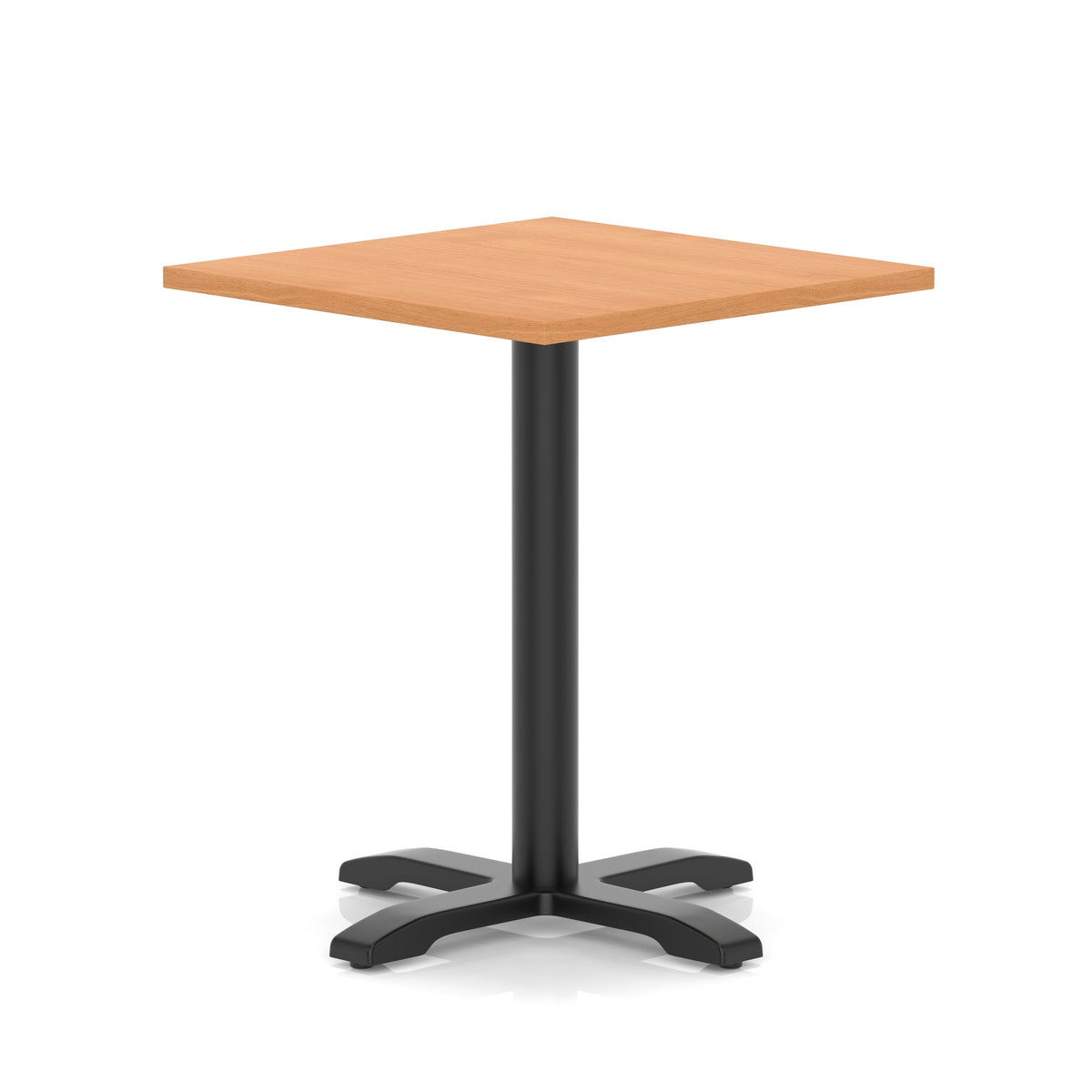 Square table with grey wood-effect top and black metal base on a white background