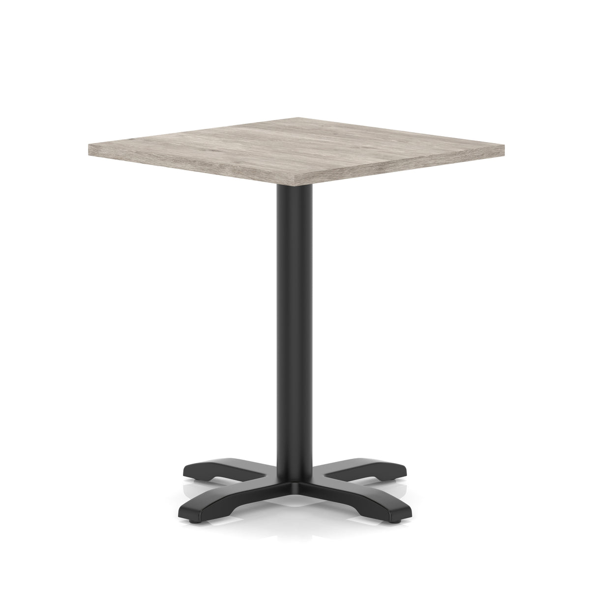 Square table with grey wood-effect top and black metal base on a white background