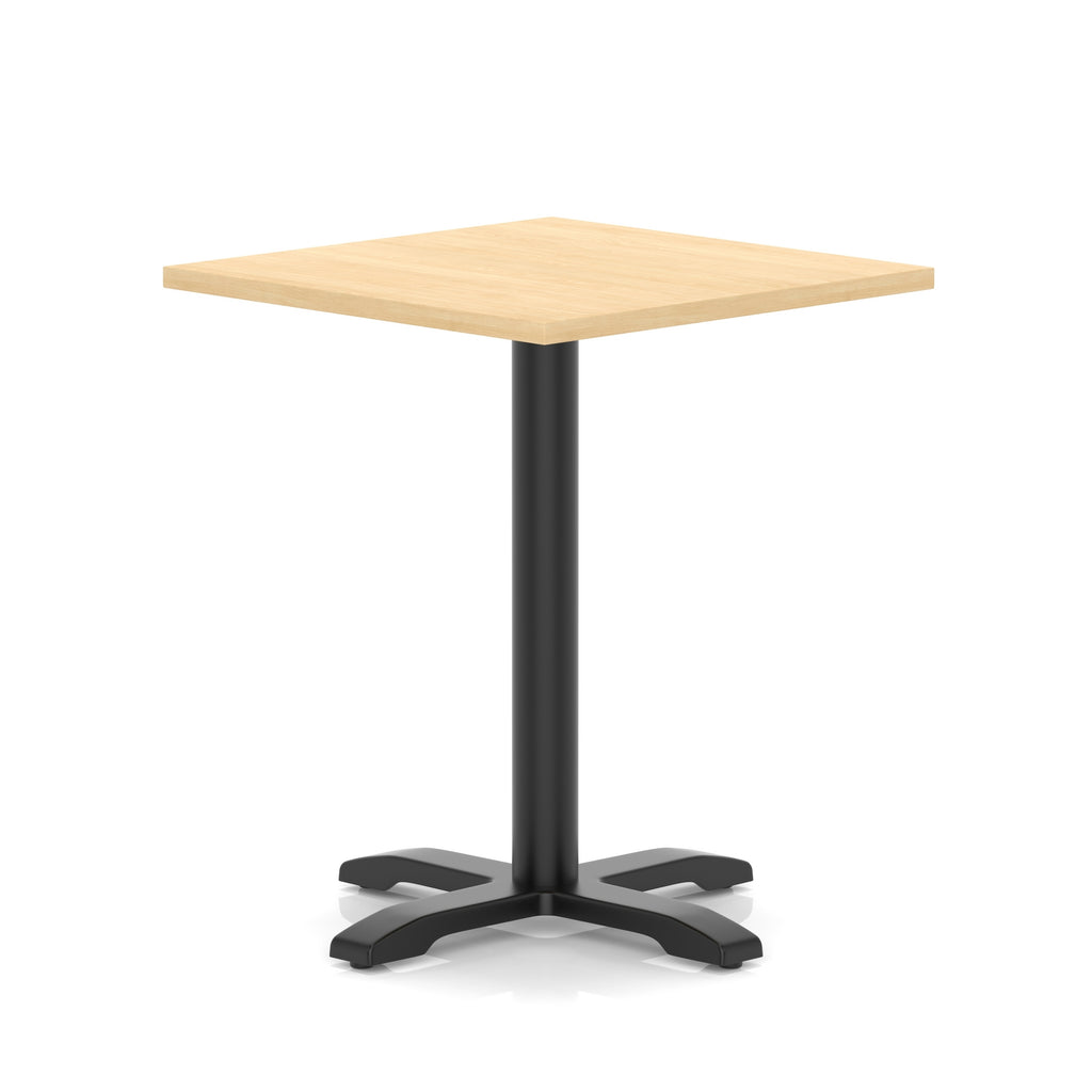 Square table with wood-effect top and black metal base on a white background