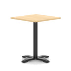 Square table with wood-effect top and black metal base on a white background