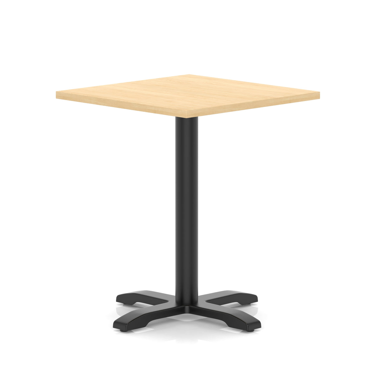 Square table with wood-effect top and black metal base on a white background