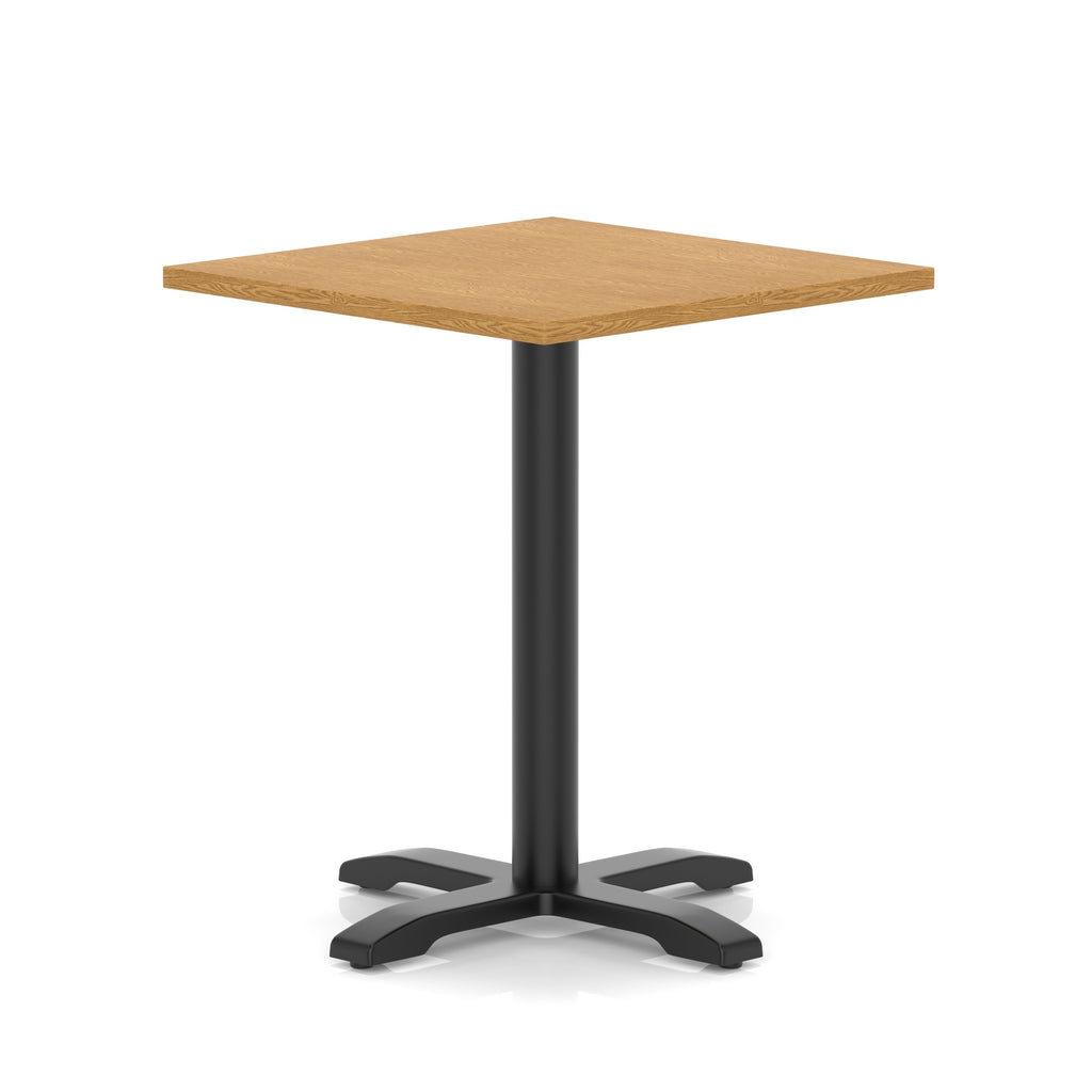 Square table with wood-effect top and black metal base on a white background