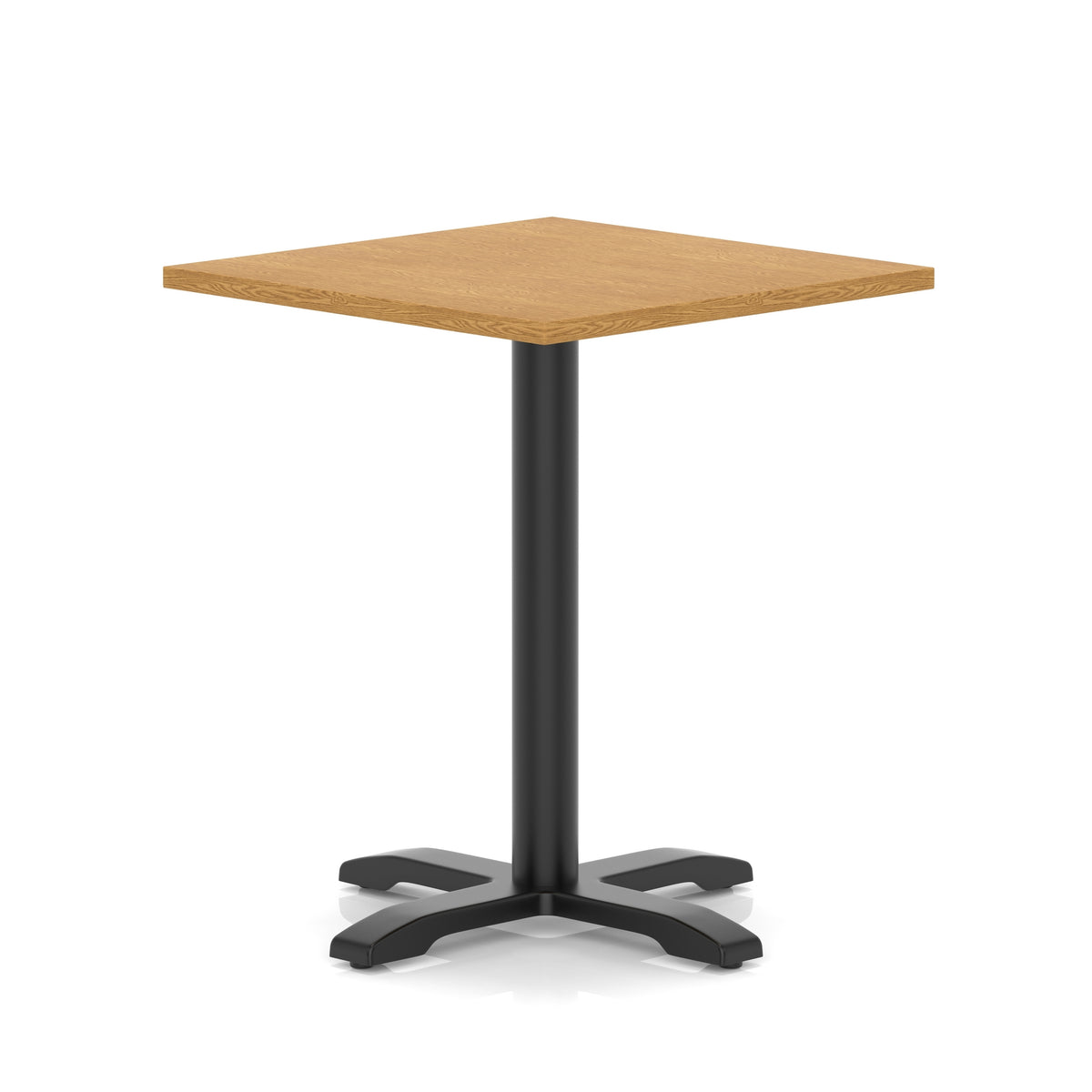 Square table with wood-effect top and black metal base on a white background