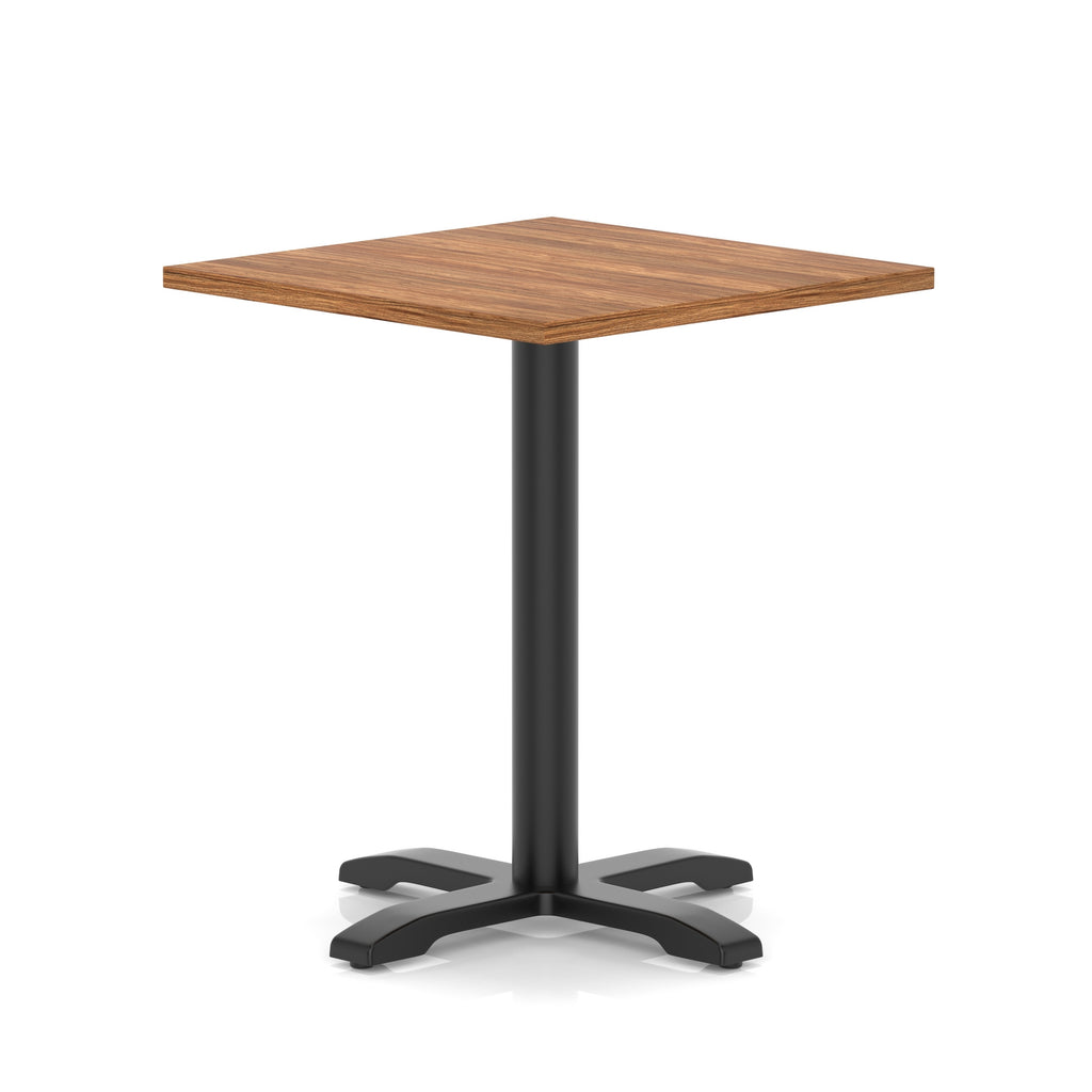 Square table with wood-effect top and black metal base on a white background