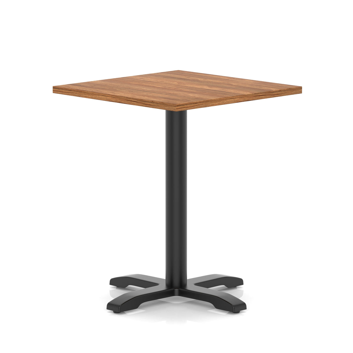 Square table with wood-effect top and black metal base on a white background