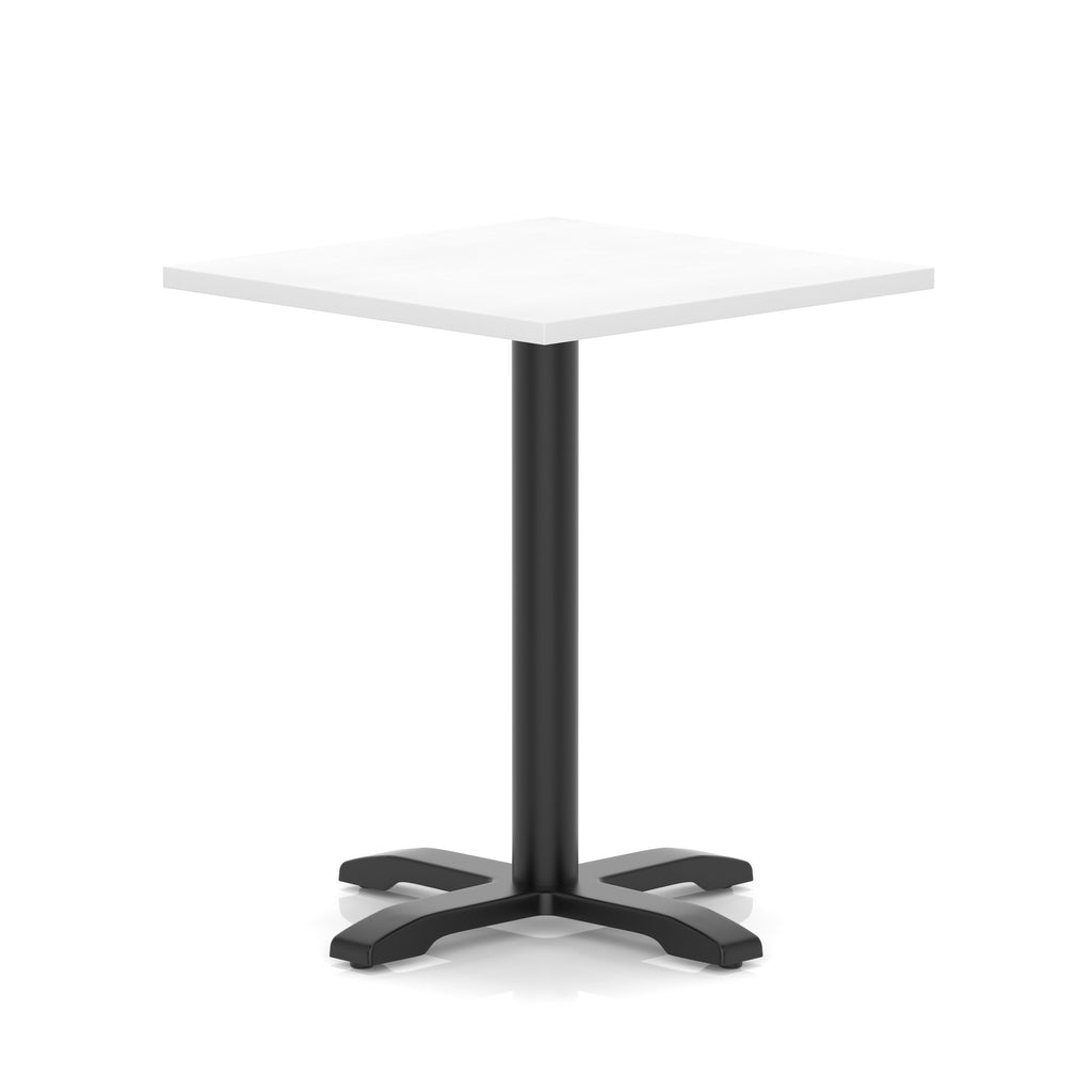 White table with a black metal base on a white background
