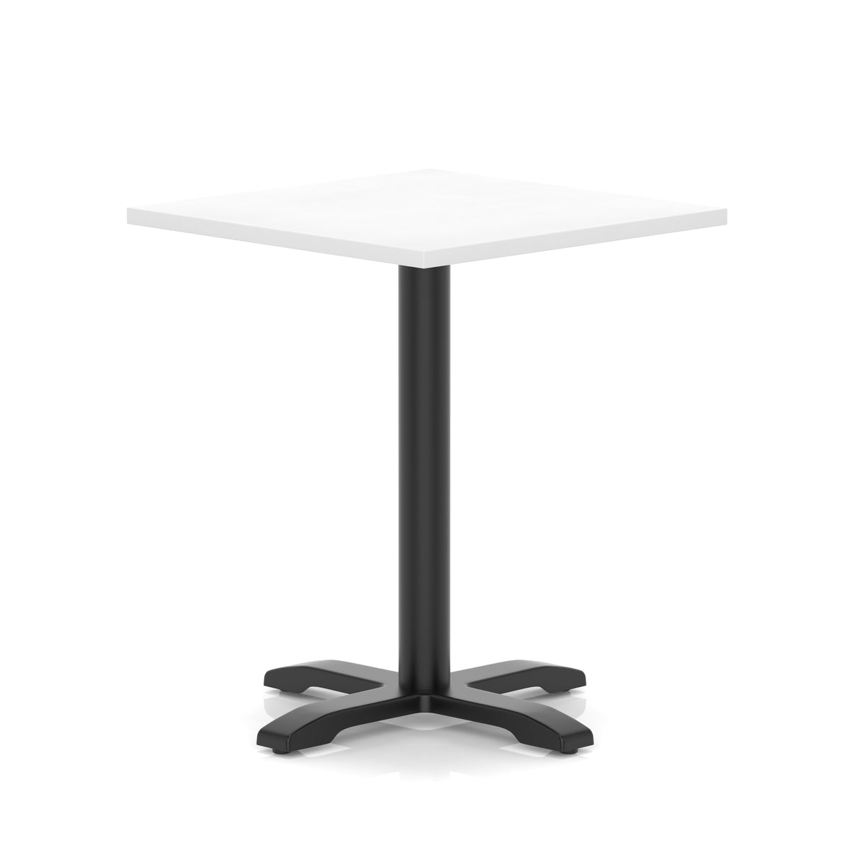 White table with a black metal base on a white background