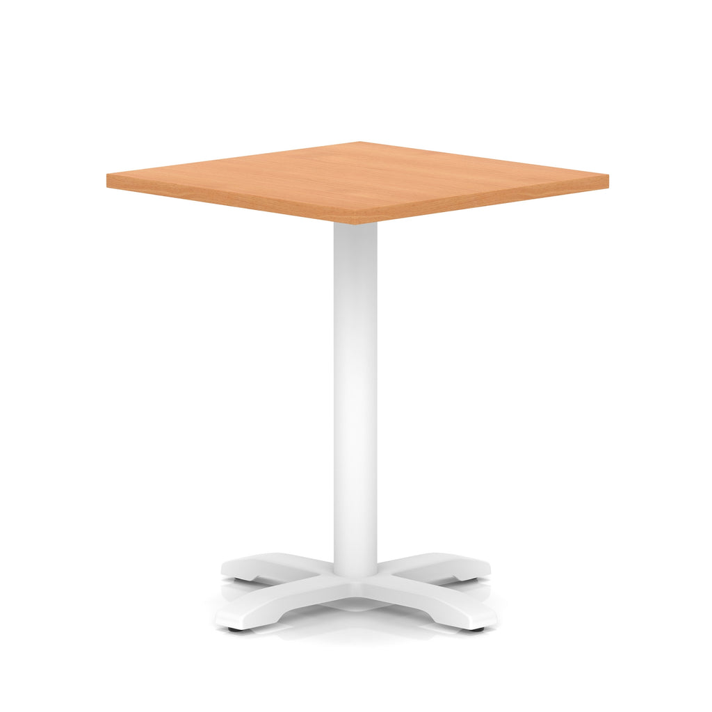 Square table with wood-effect top and white metal base on a white background