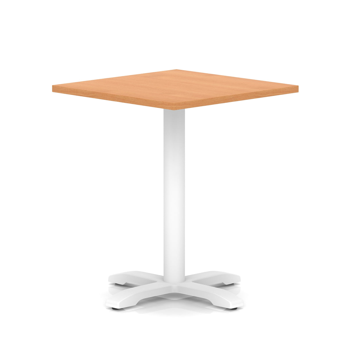 Square table with wood-effect top and white metal base on a white background