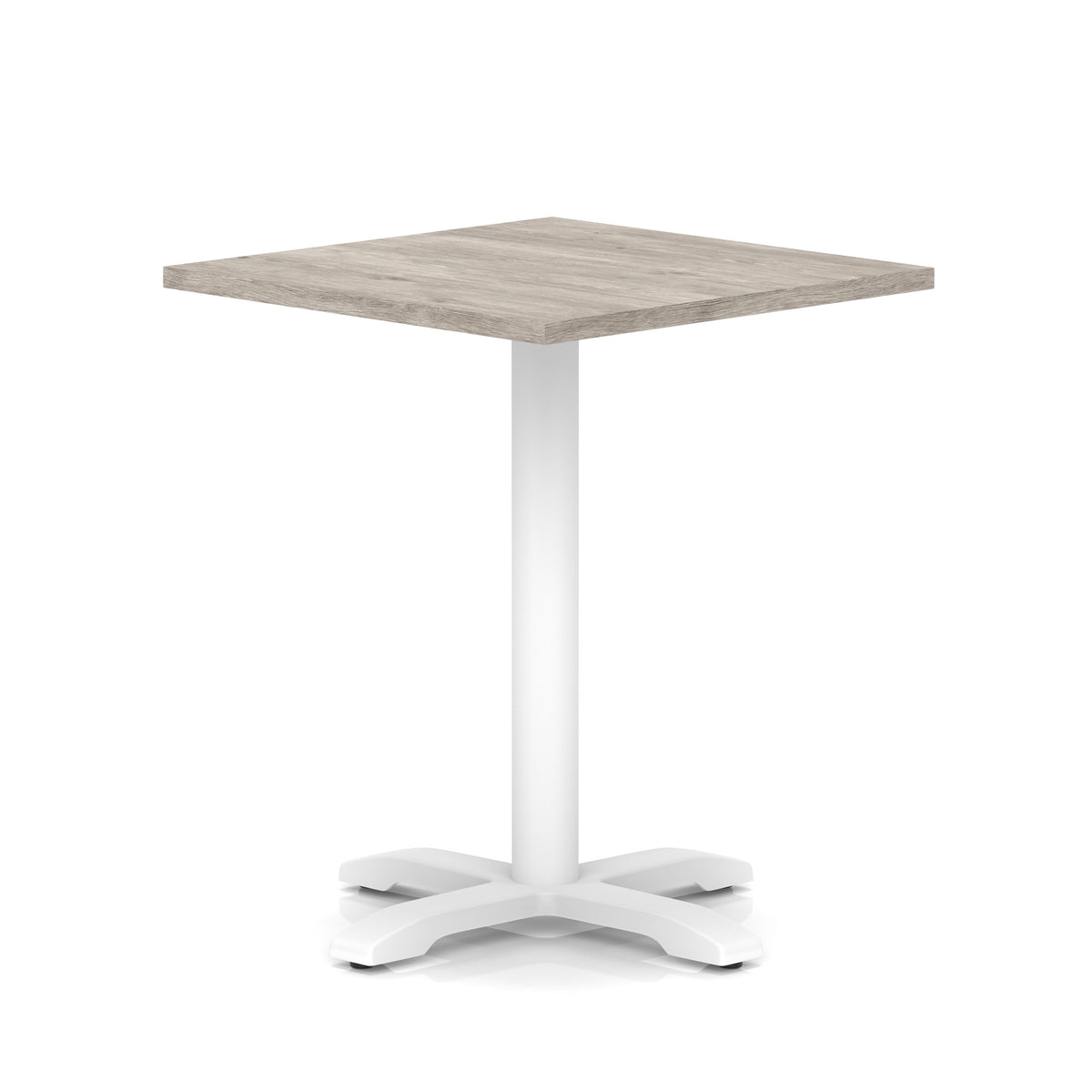 Square table with grey wood-effect top and white metal base on a white background