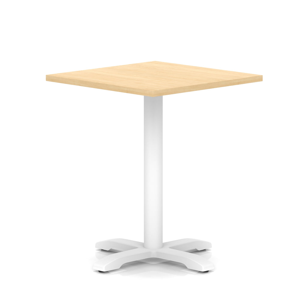 Square table with wood-effect top and white metal base on a white background