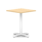 Square table with wood-effect top and white metal base on a white background