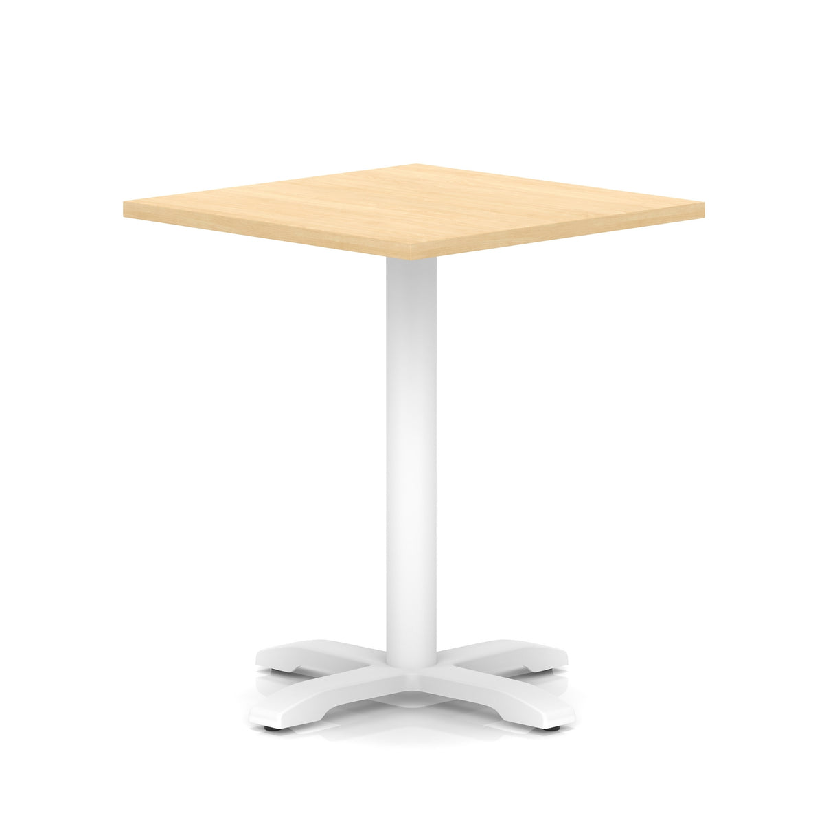 Square table with wood-effect top and white metal base on a white background