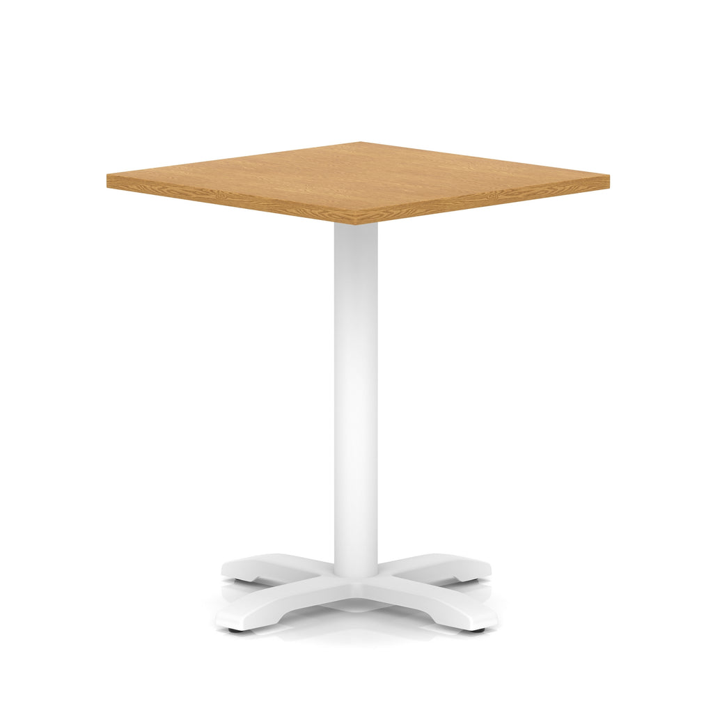 Square table with wood-effect top and white metal base on a white background