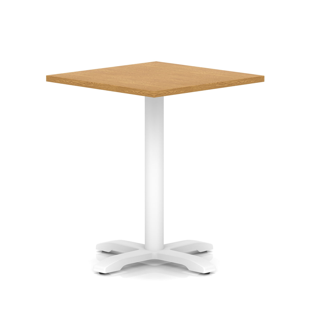 Square table with wood-effect top and white metal base on a white background