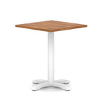 Square table with wood-effect top and white metal base on a white background