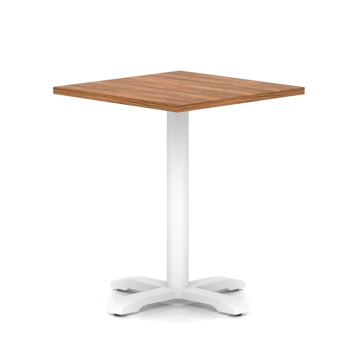 Square table with wood-effect top and white metal base on a white background