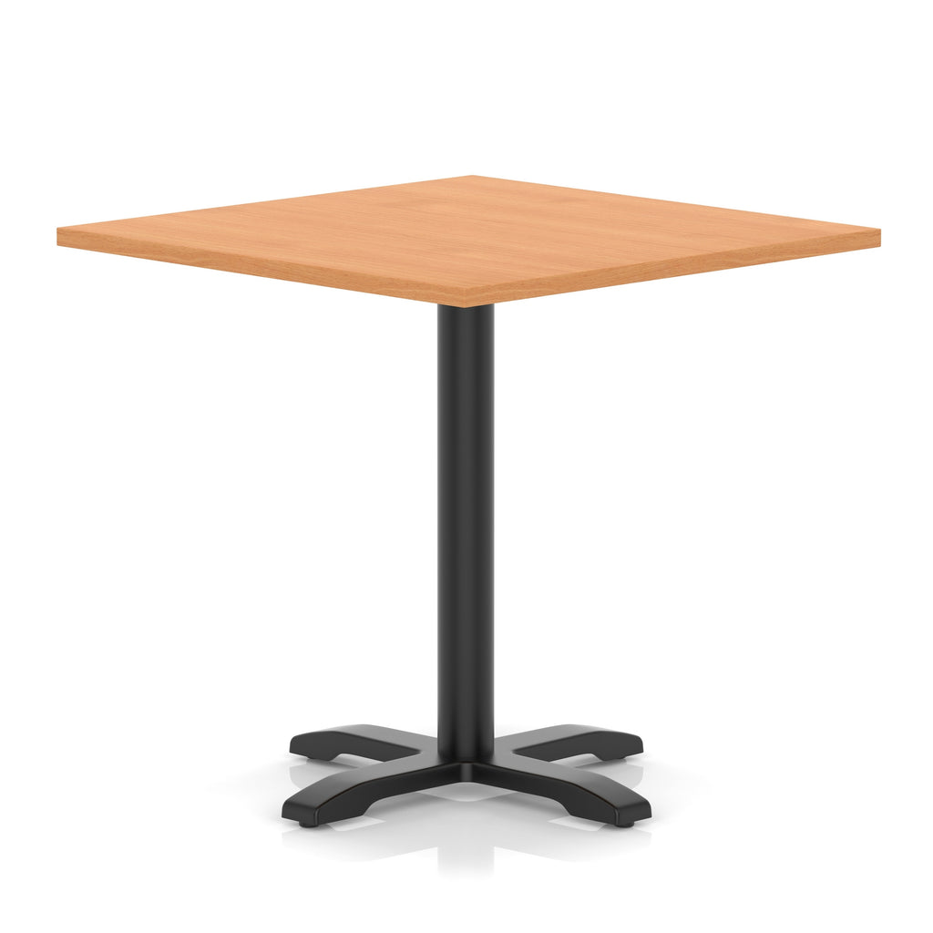 Square table with grey wood-effect top and black metal base on a white background