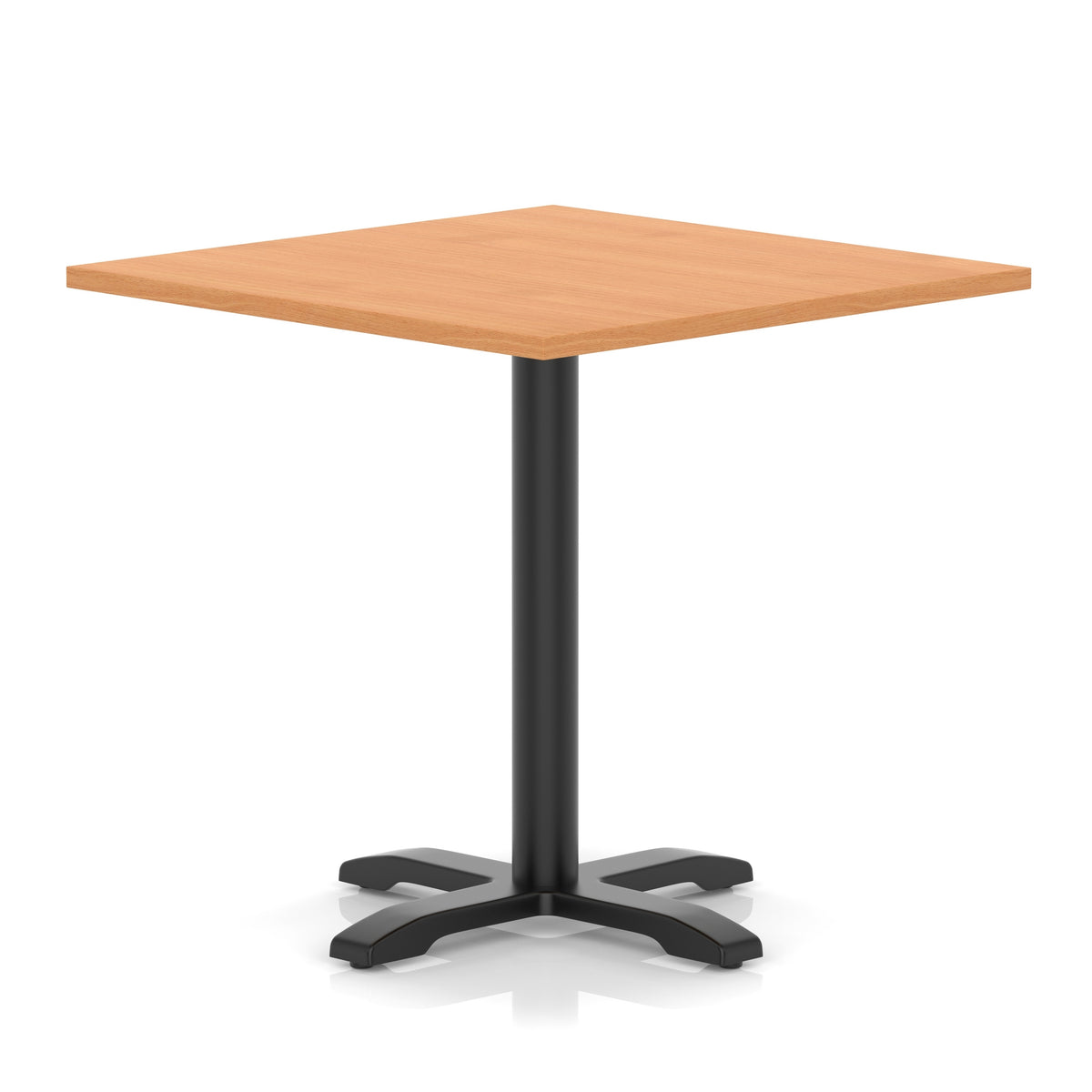 Square table with grey wood-effect top and black metal base on a white background