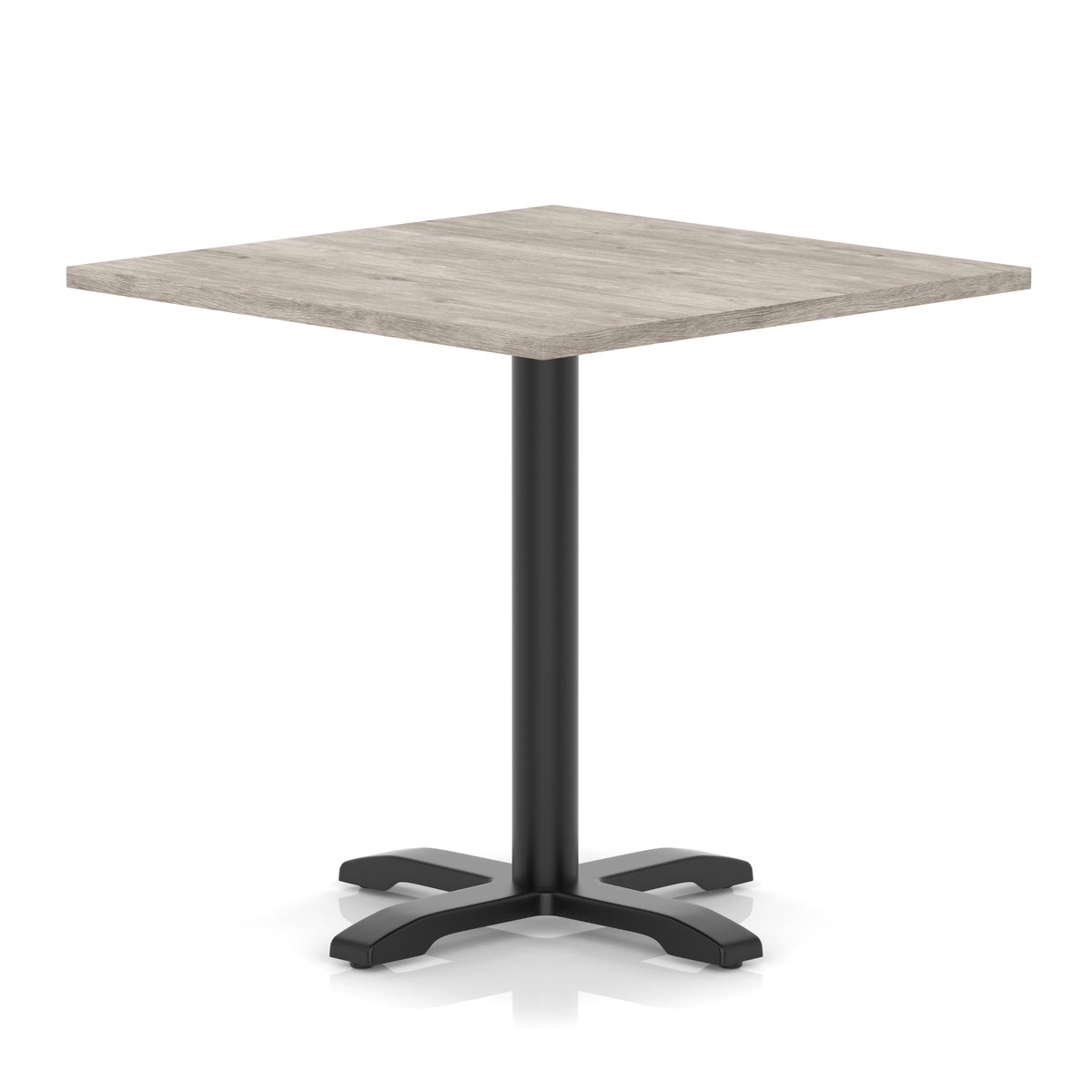 Square table with grey wood-effect top and black metal base on a white background
