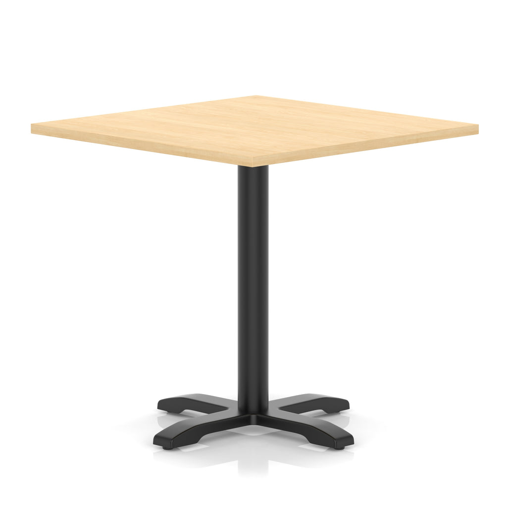 Square table with wood-effect top and black metal base on a white background