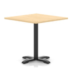 Square table with wood-effect top and black metal base on a white background