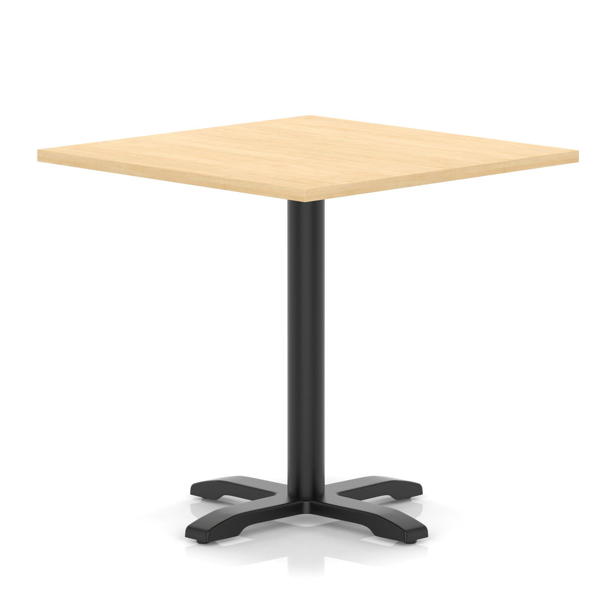 Square table with wood-effect top and black metal base on a white background