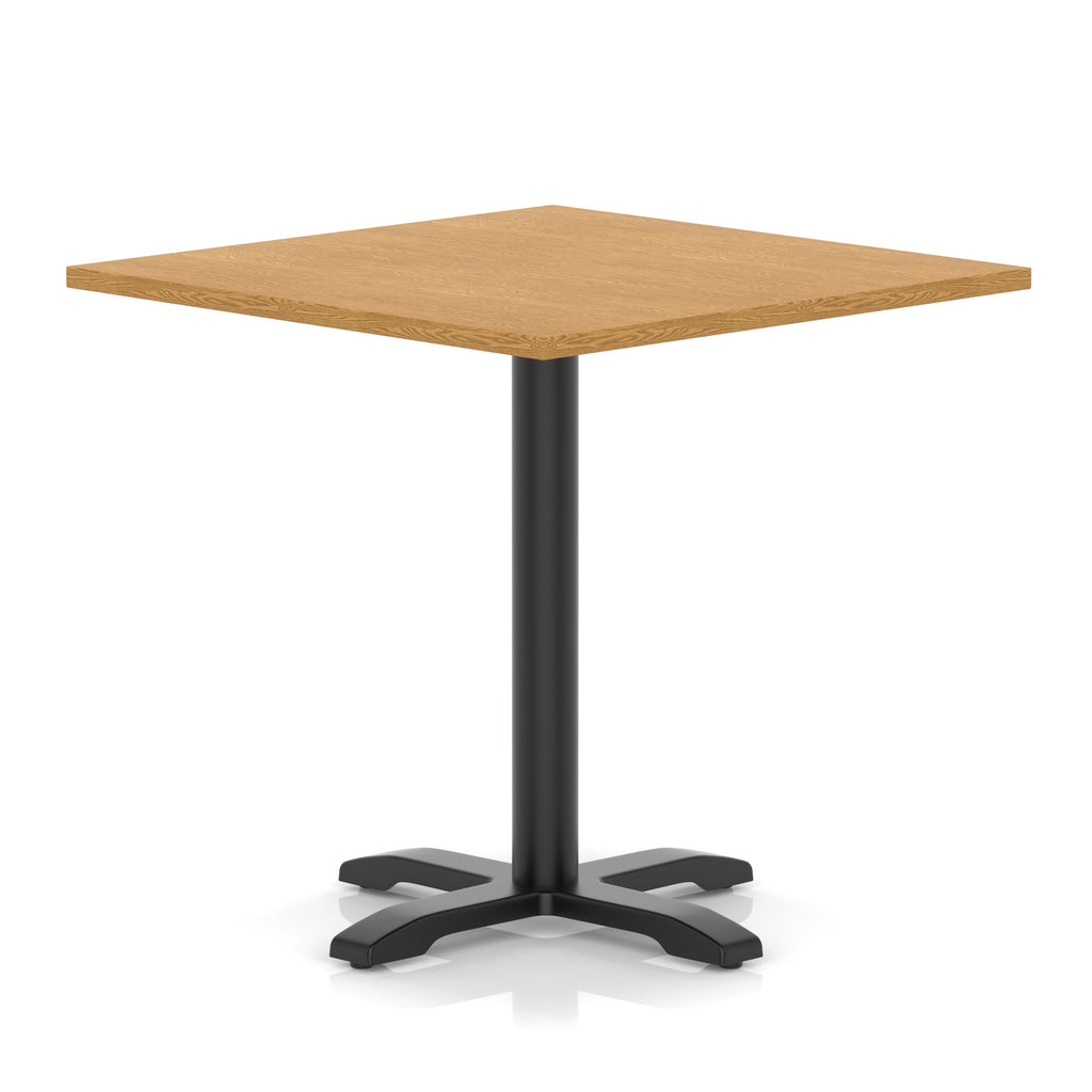 Square table with wood-effect top and black metal base on a white background