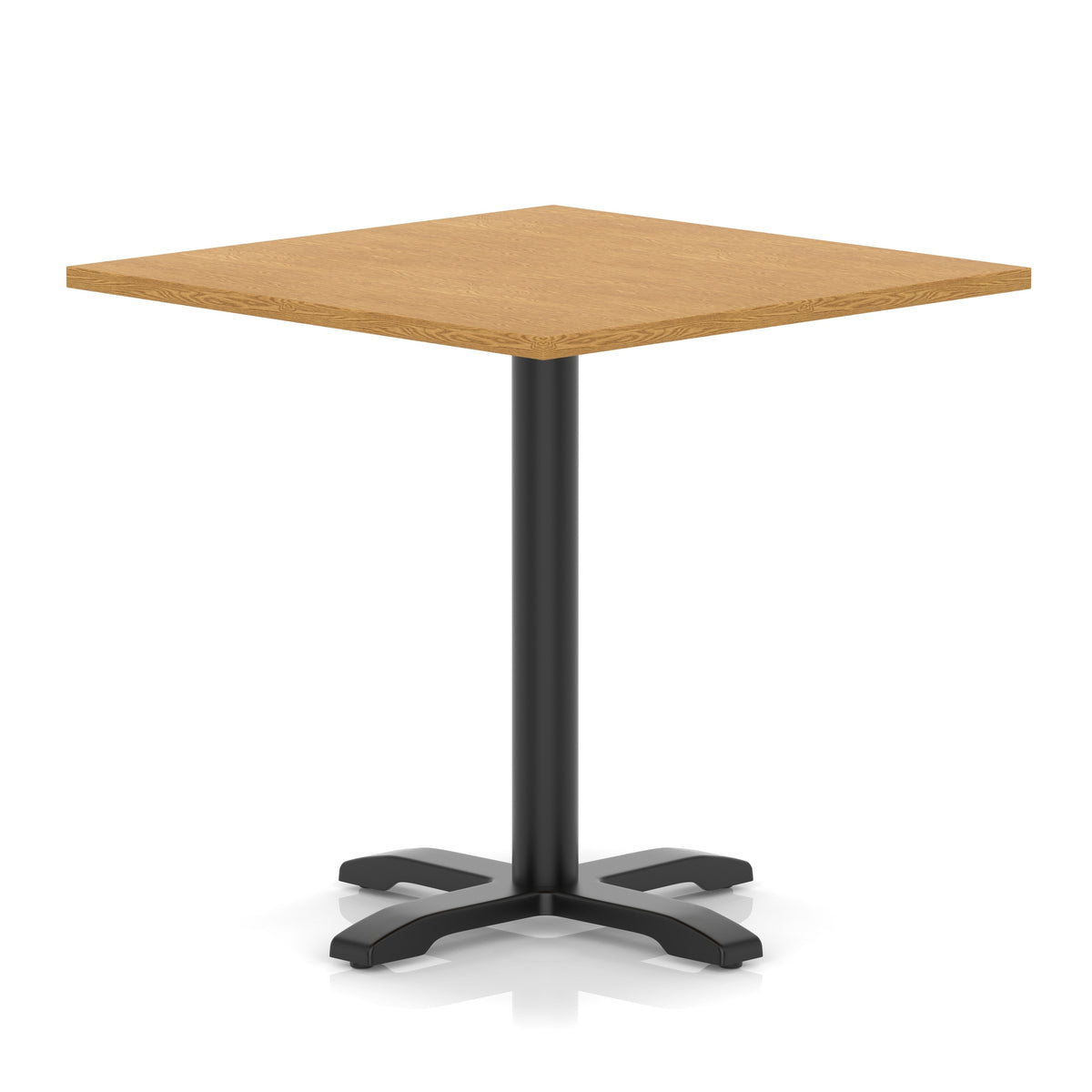 Square table with wood-effect top and black metal base on a white background