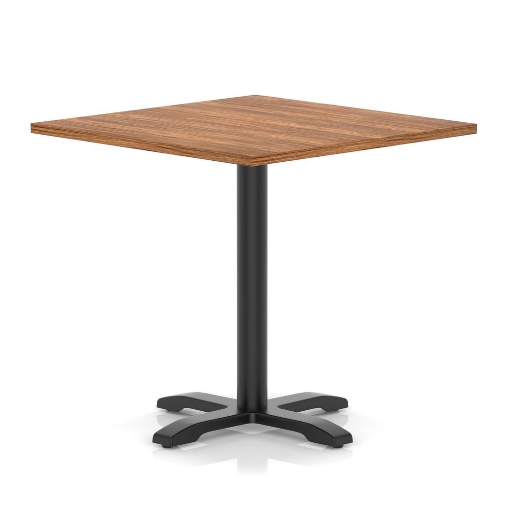 Square table with wood-effect top and black metal base on a white background