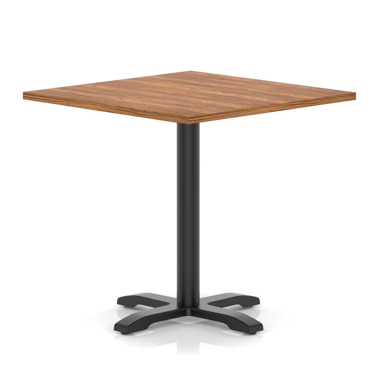 Square table with wood-effect top and black metal base on a white background