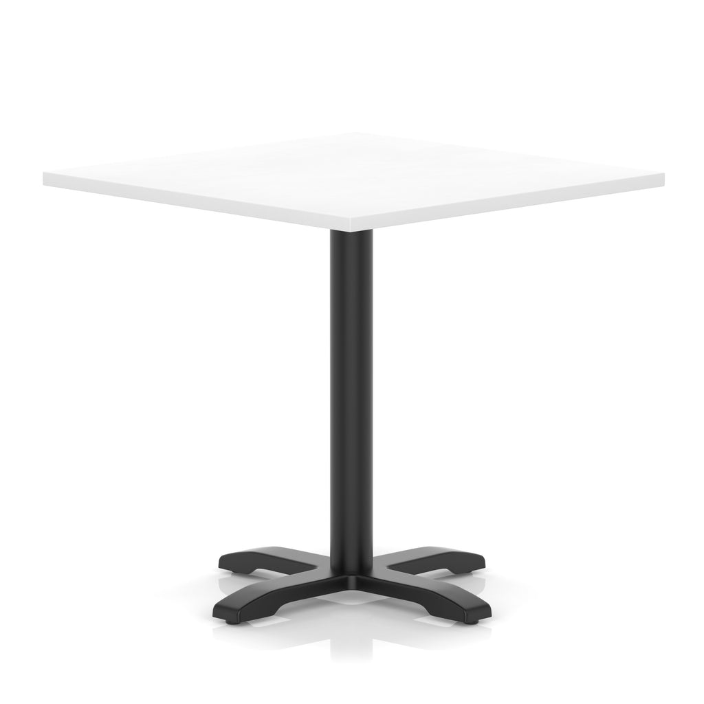 White table with a black metal base on a white background