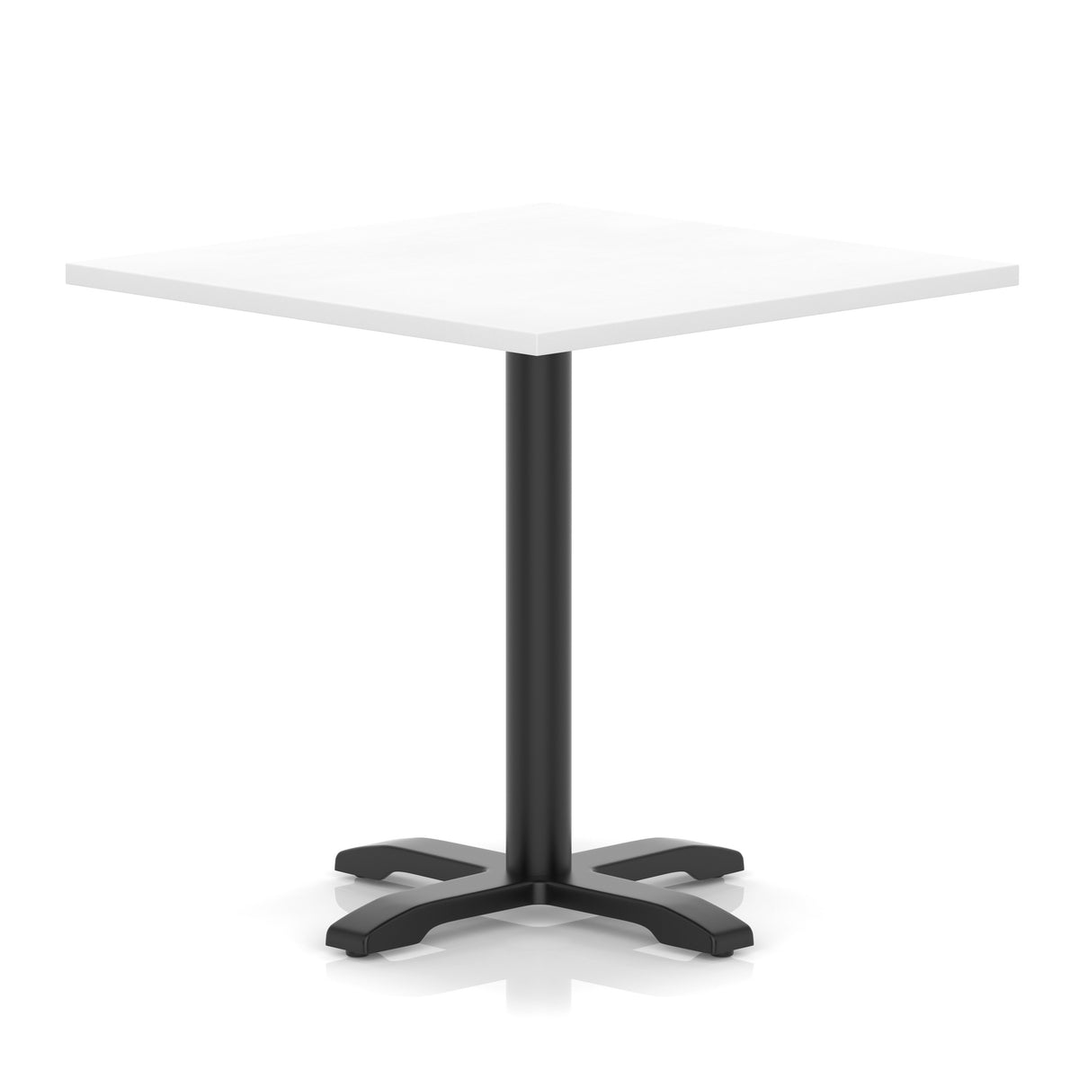 White table with a black metal base on a white background