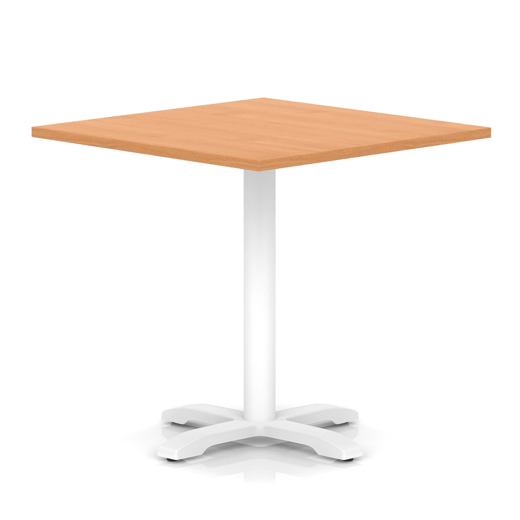 Square table with wood-effect top and white metal base on a white background