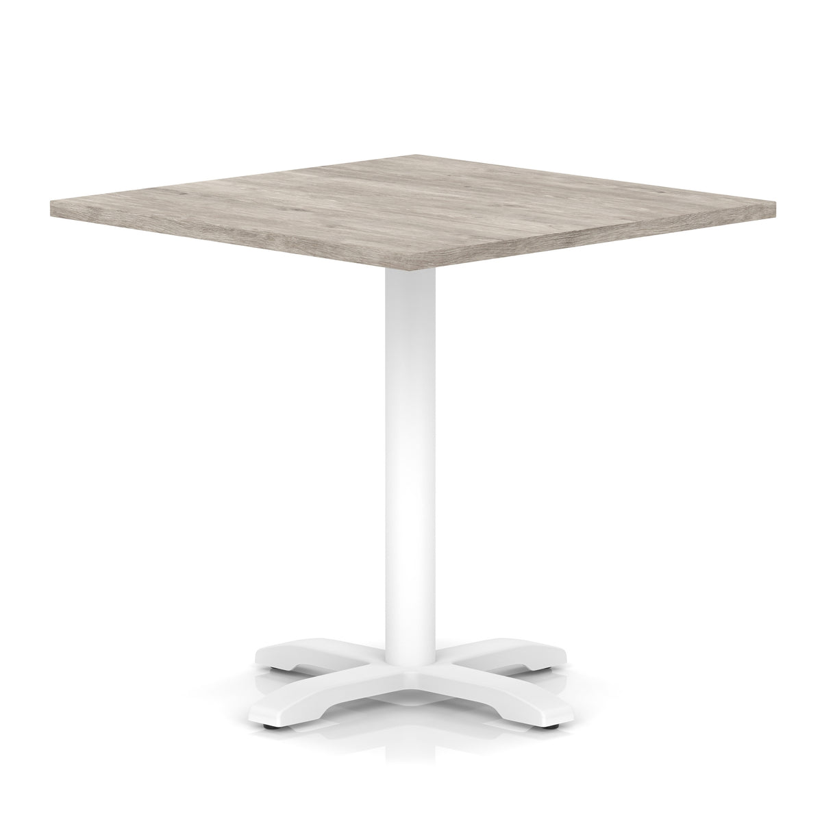 Square table with grey wood-effect top and white metal base on a white background