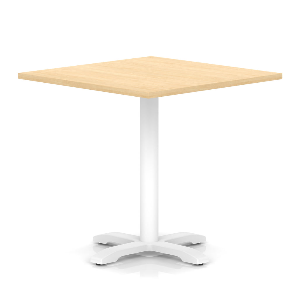 Square table with wood-effect top and white metal base on a white background