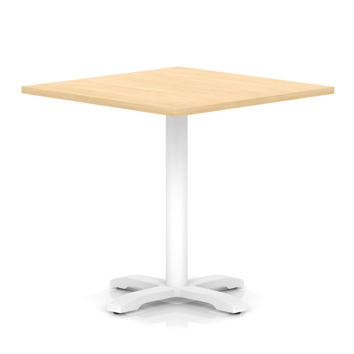 Square table with wood-effect top and white metal base on a white background