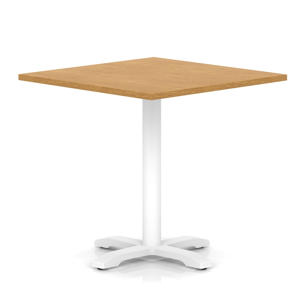Square table with wood-effect top and white metal base on a white background