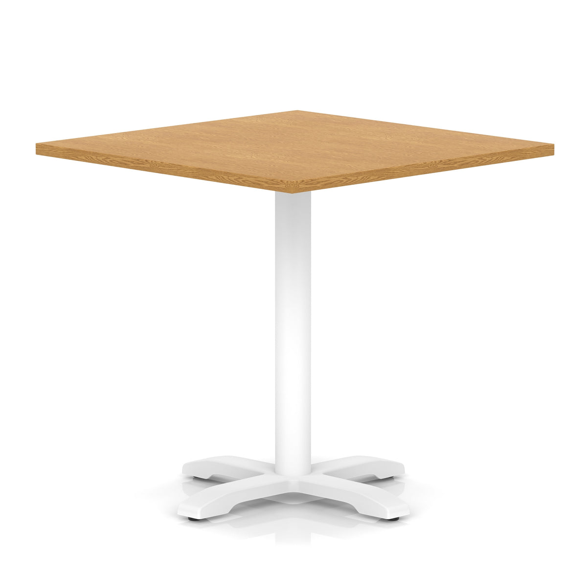 Square table with wood-effect top and white metal base on a white background