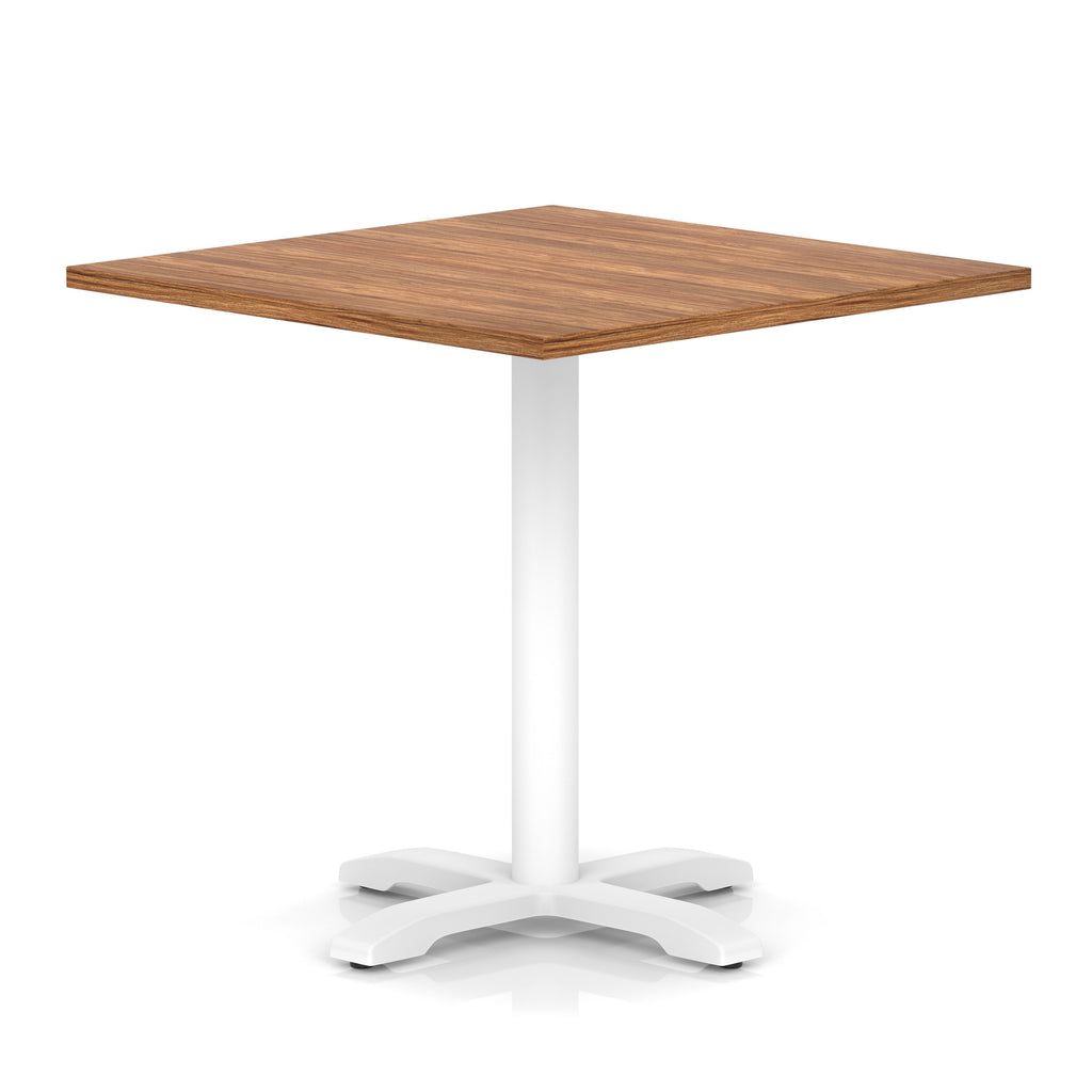 Square table with wood-effect top and white metal base on a white background