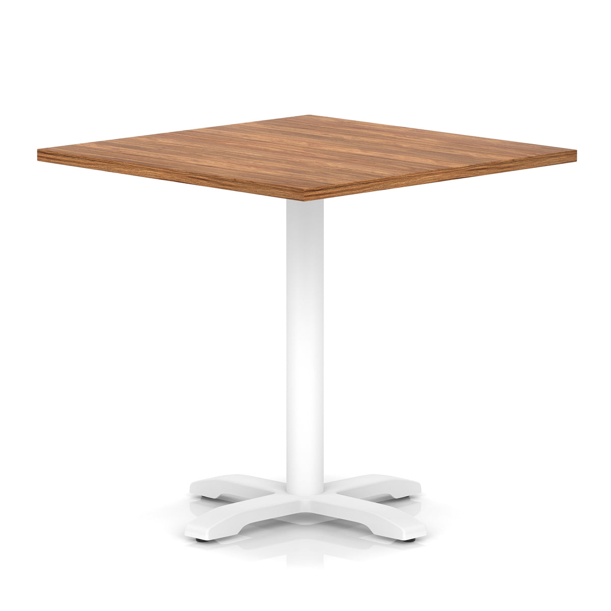 Square table with wood-effect top and white metal base on a white background