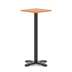 Square high table with grey wood-effect top and black metal base on a white background