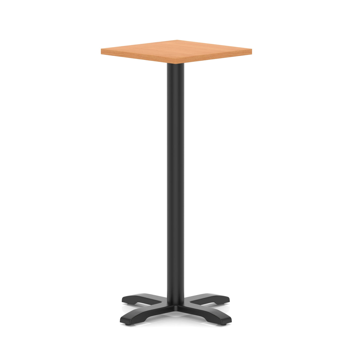 Square high table with grey wood-effect top and black metal base on a white background