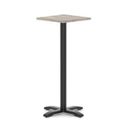 Square high table with grey wood-effect top and black metal base on a white background
