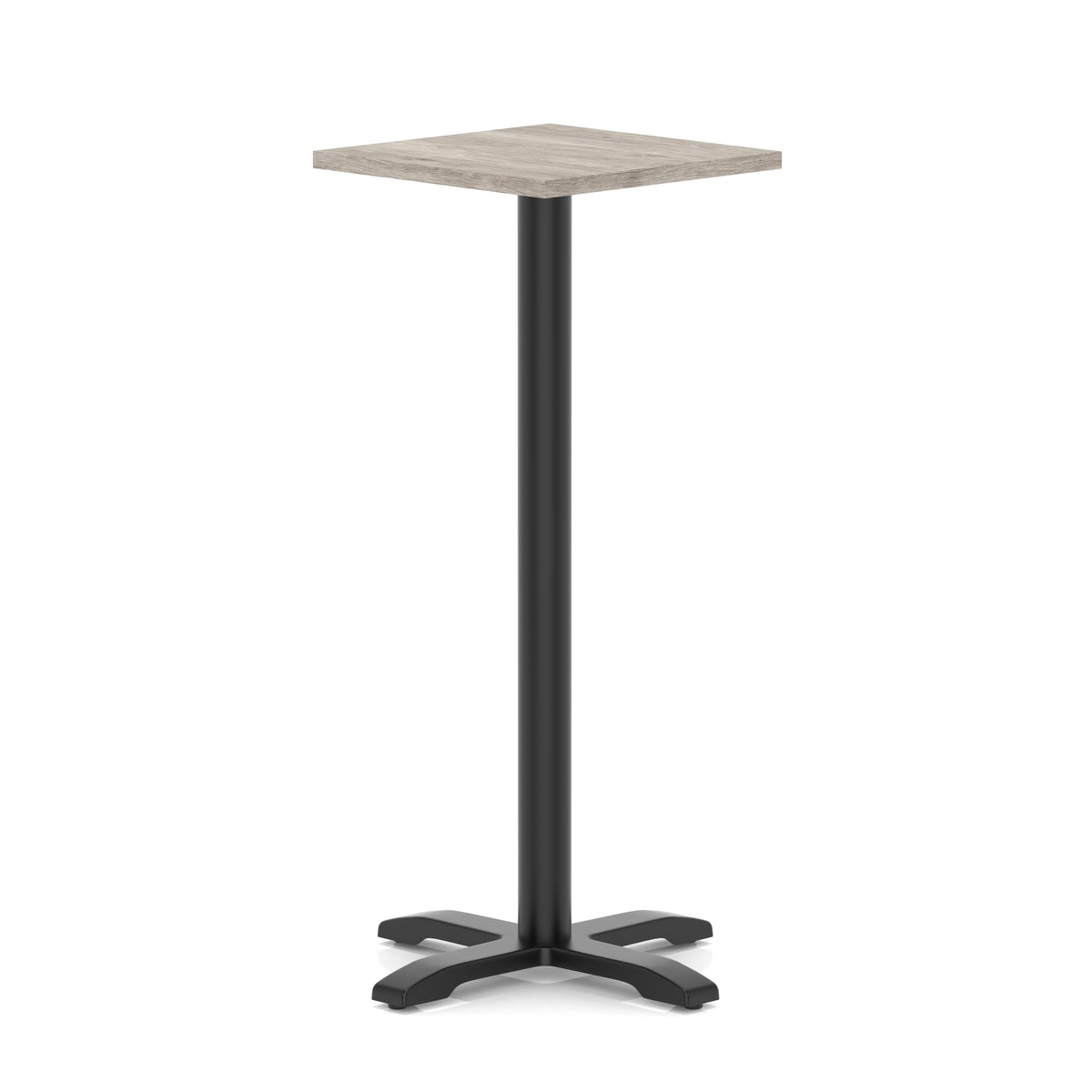 Square high table with grey wood-effect top and black metal base on a white background